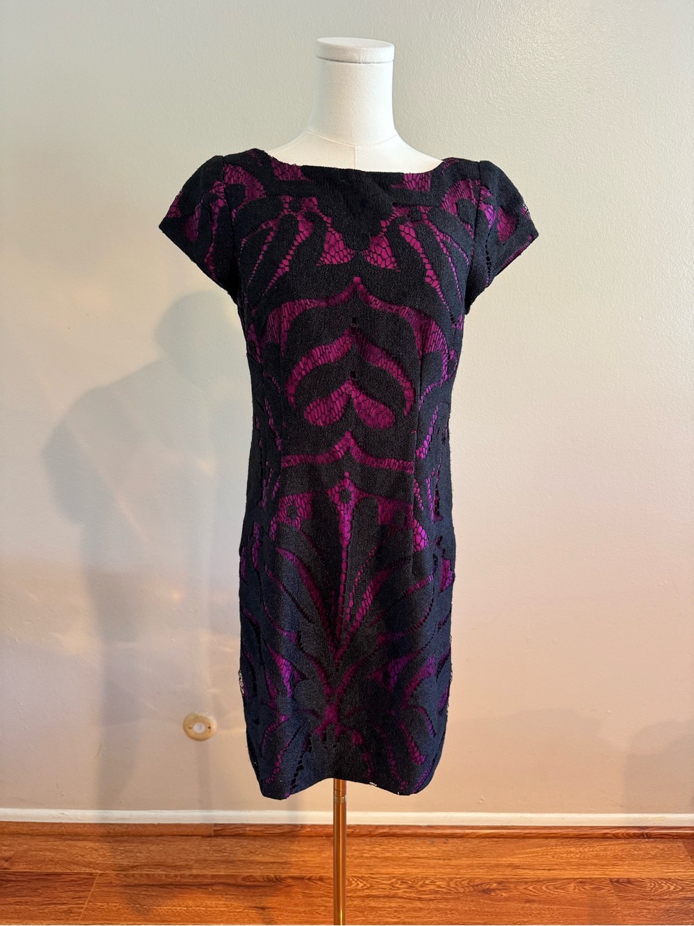 Nanette Lepore Silk Lined Black and Purple Cap-Sleeve Mini Dress